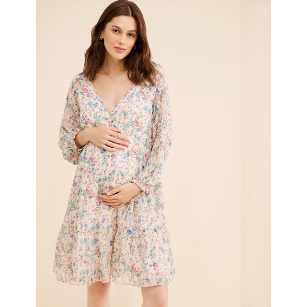 HATCH The Kelsey Dress Floral V Neck Button Front Tiered Ruffle Maternity Size 1